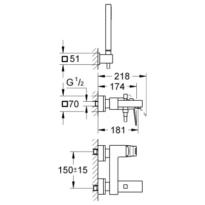 Grohe Einhand-Wannenbatterie Eurocube DN 15 Mit Brausegarnitur 4 Grohe Einhand-Wannenbatterie Eurocube DN 15 Mit Brausegarnitur – Bild 2